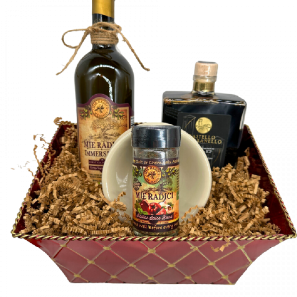 Presidente Gift Pack with: 1- 750ml Immersione,1-Capri Balsamic, 1- Sicilian Spice and 4-Bone Dish Set in a metal Basket