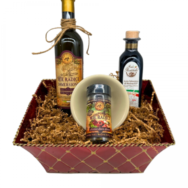 Il Capo Gift Pack with: 1- 500ml Immersione,1-Italy Balsamic, 1- Sicilian Spice and 4-Bone Dish Set in Bronz Metal Basket
