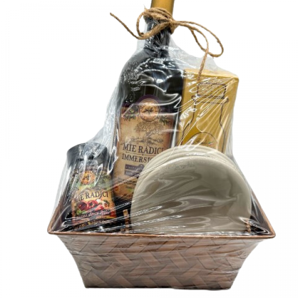 Padrino Gift Pack with: 1- 750ml Immersione,1-Diamond Balsamic, 1- Sicilian Spice and 4-Bone Dish Set in a Metal Basket… Christmas Holly Is in a Sleigh