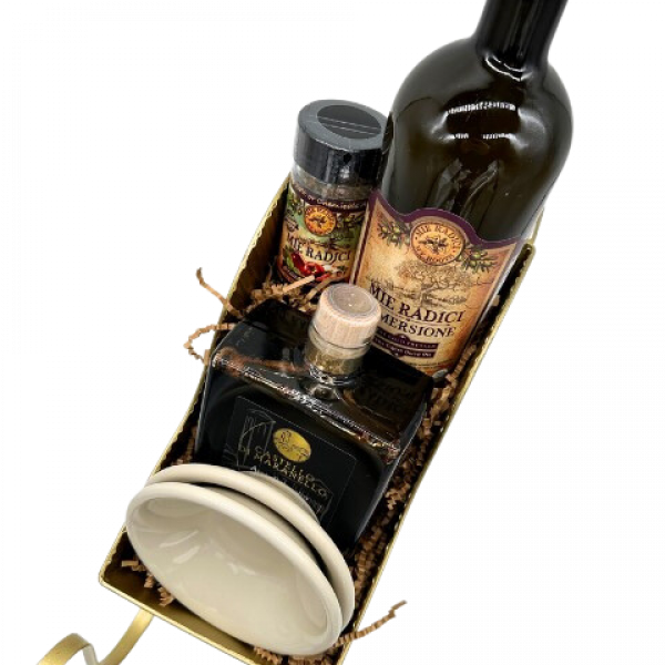 Presidente Gift Pack with: 1- 750ml Immersione,1-Capri Balsamic, 1- Sicilian Spice and 4-Bone Dish Set in a metal Basket